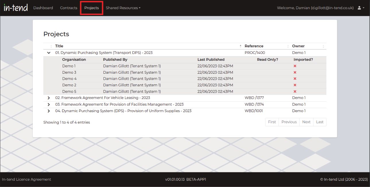 A screen shot of the In-tend Hub. The Projects nav item is highlighted and screen shows a table with a list of projects